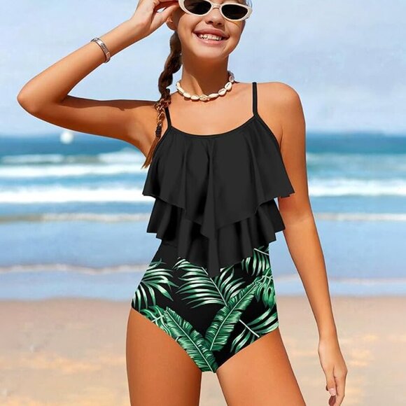 Girls Swimsuit Color Block One Piece Swimsuit 2-Tiered - Picture 3 of 7